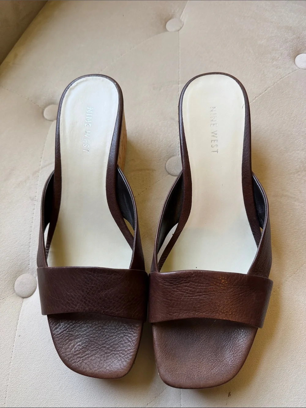 Nine West Brown Leather Cork-Textured Wedge Sandals